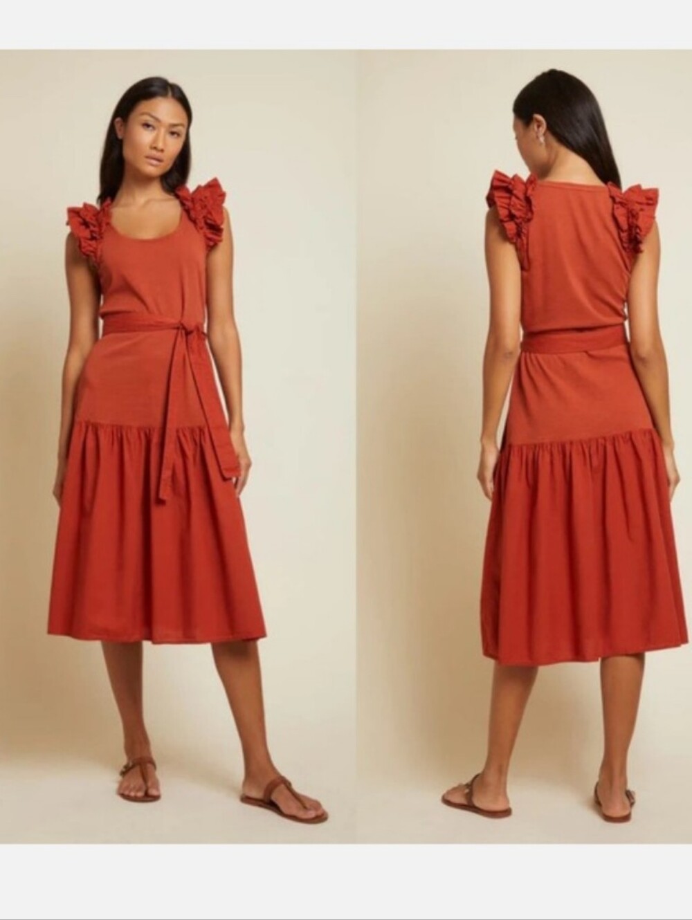 Nation LTD Burnt Orange Everleigh Cotton Tiered Belted Midi Dress L